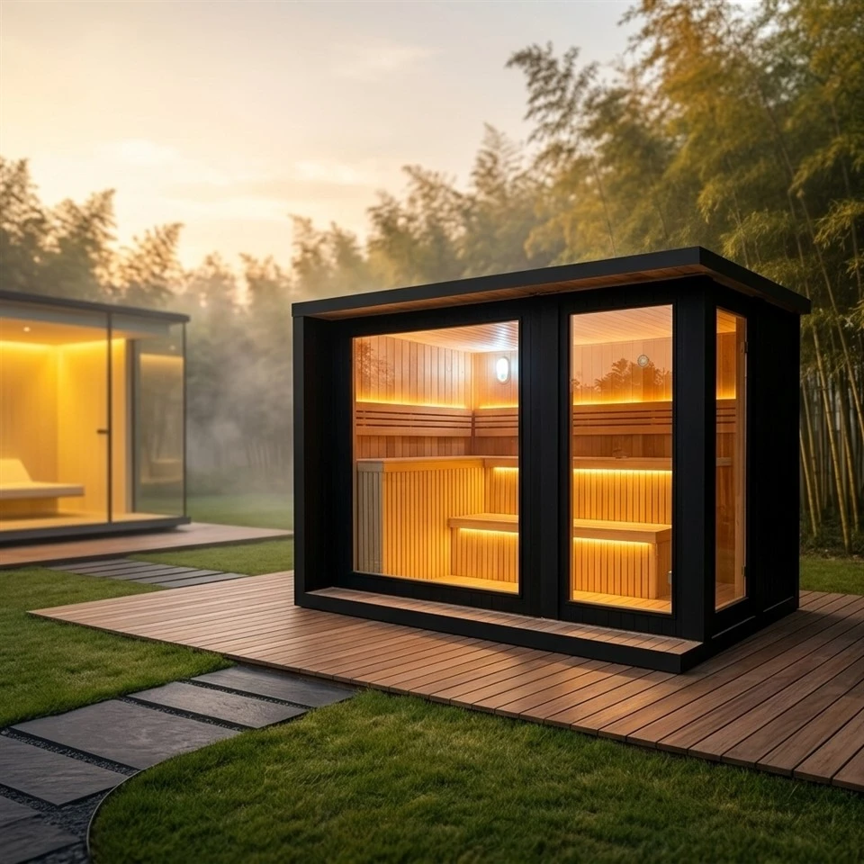 Outdoor Side Door Traditional Solid Wood Sauna For Villa Backyard