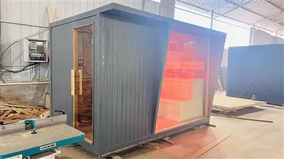 Budget Friendly Solid Spruce Outdoor Backyard Sauna For Family Use, Built-in Private Changing Room Design
