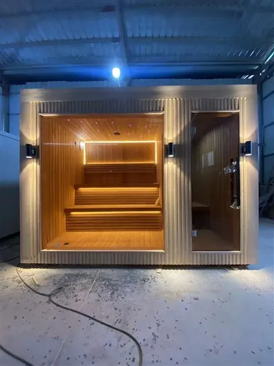 High-End Weather Resistant Solid Wood Outdoor Sauna Cabin With Built-In Private Changing Room, Custom Villa Backyard Spa Sauna House For Personal Relaxation